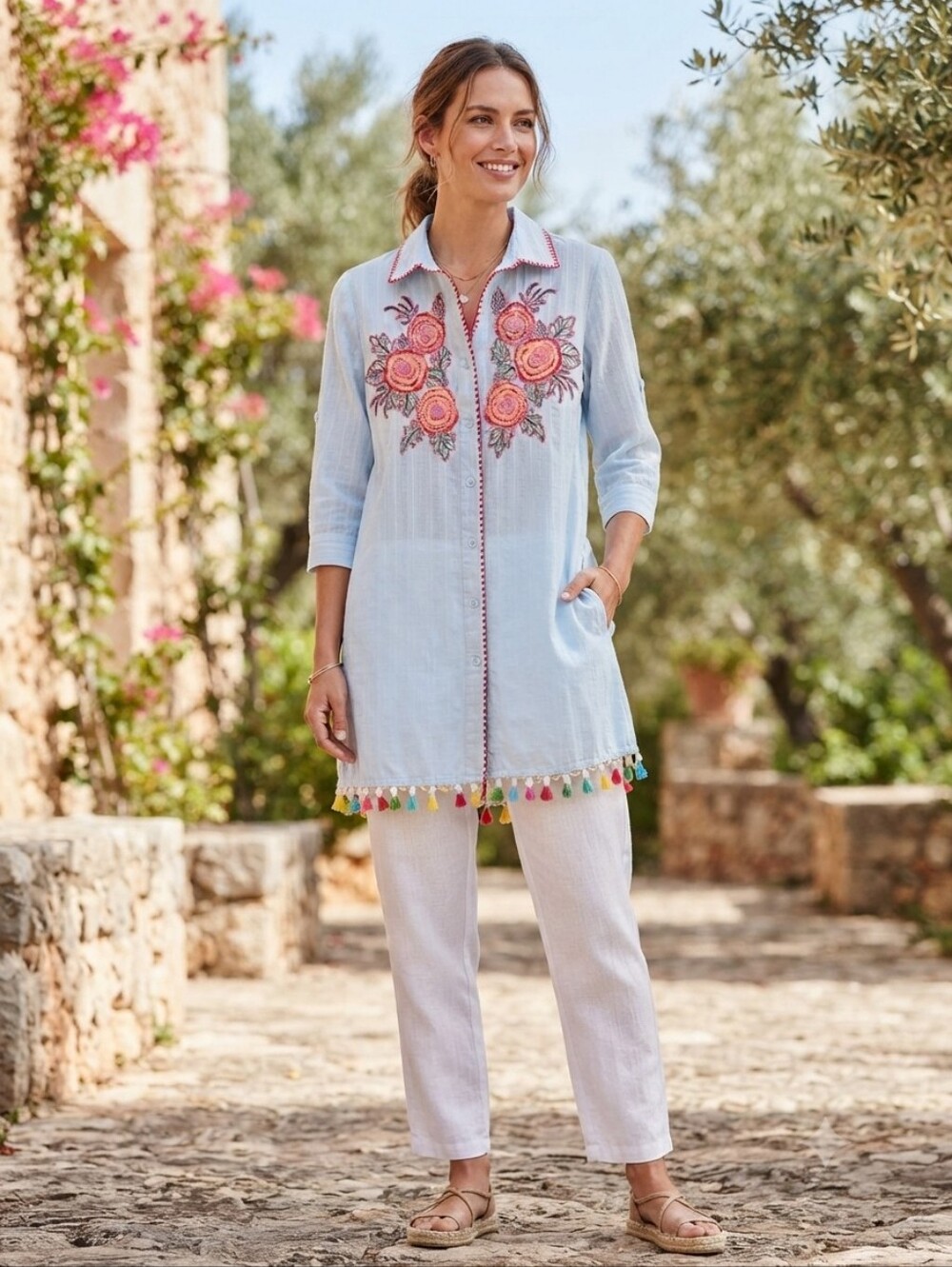 Velzera Women's Blue Embroidered Tunic w/Fringe Size Medium - New 100% Cotton